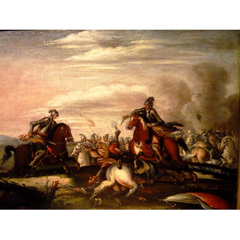 Antico dipinto 'Battaglia con cavalieri'