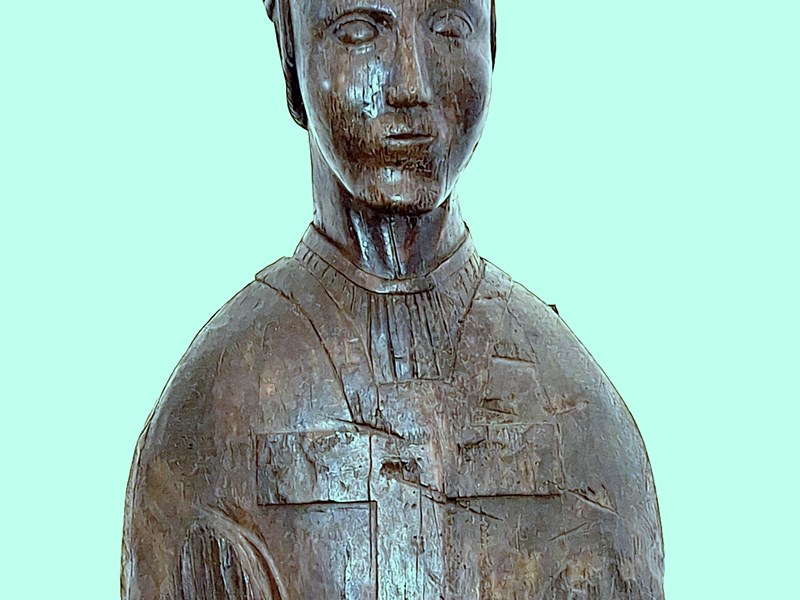 STATUA DI  VESCOVO ROMANICO IN LEGNO DI ROVERE